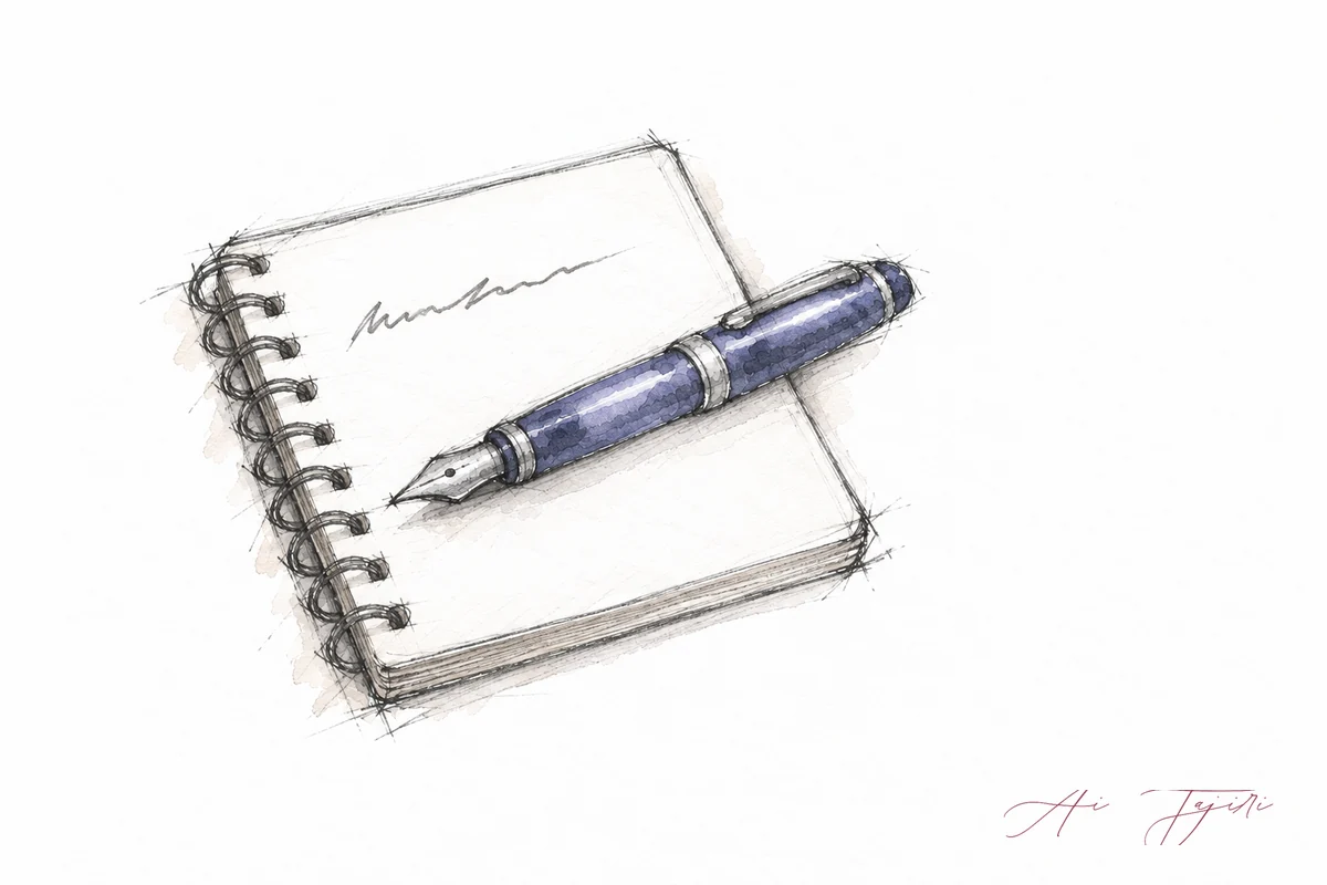開いたリングノートに走り書きの1行と万年筆のスケッチ
